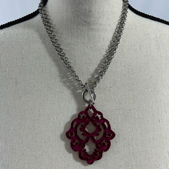 Silver Chain and Deep Fuchsia /Red/Wine Resin Pendant 12 - 22 inches long - Picture 2 of 7